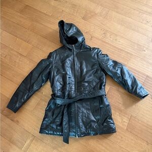 Wilson Leather Women’s Large Faux Fur Hooded Leather Jacket Tie Waist